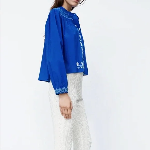 💙 ZARA BOHO BLUE WHITE FLORAL EMBROIDERED LONG SLEEVE CROPPED BLOUSE! - Picture 11 of 14